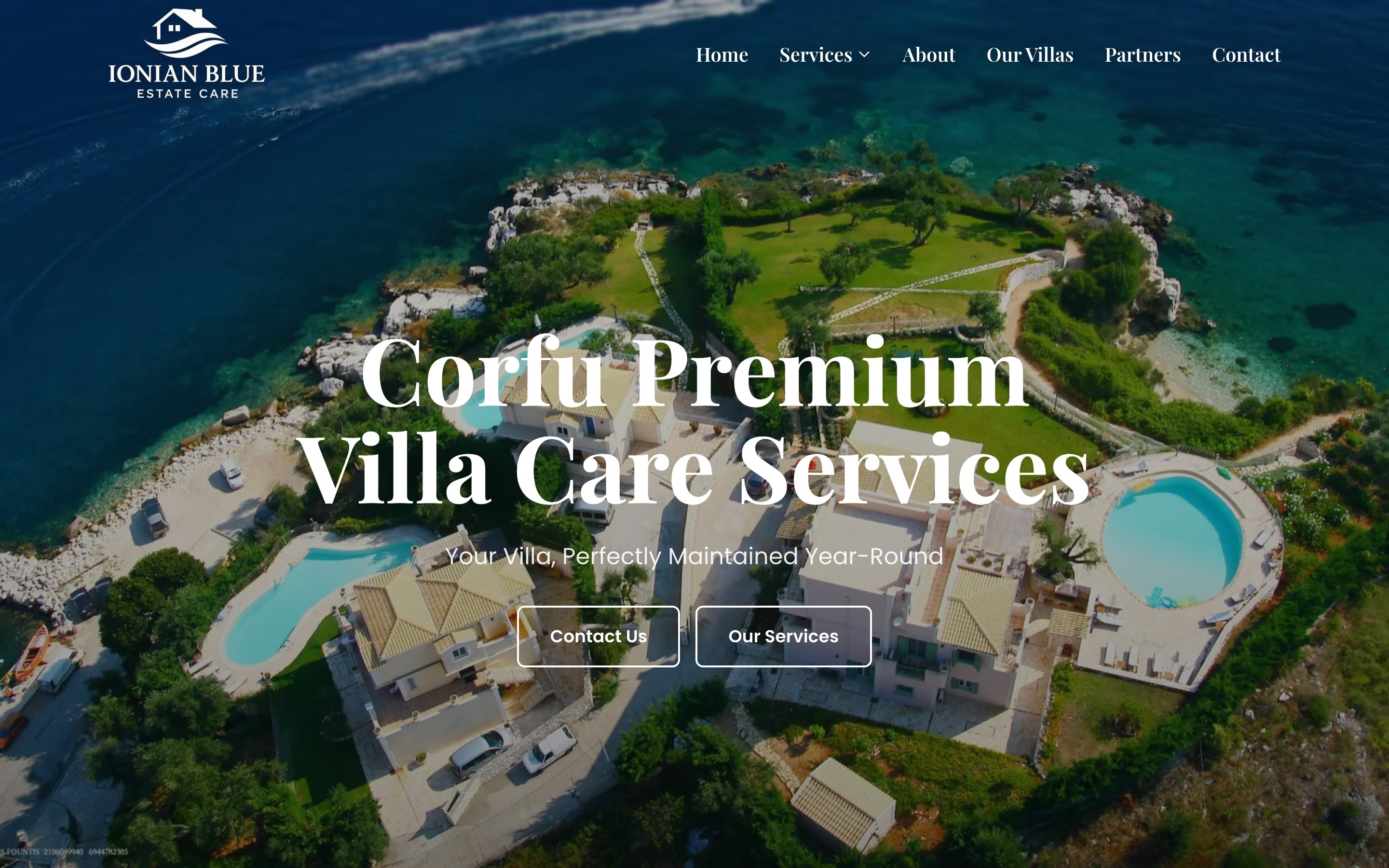 The Ionian Blue Estate Care website — year-round villa care across north-east corfu